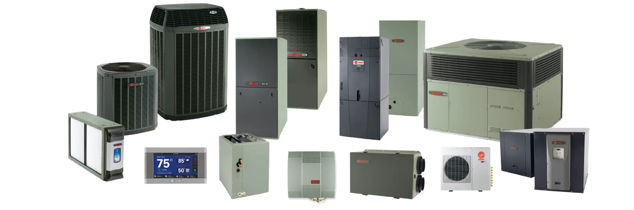 Trane heating and cooling product lineup — air conditioners, furnaces, heat pumps, and thermostats